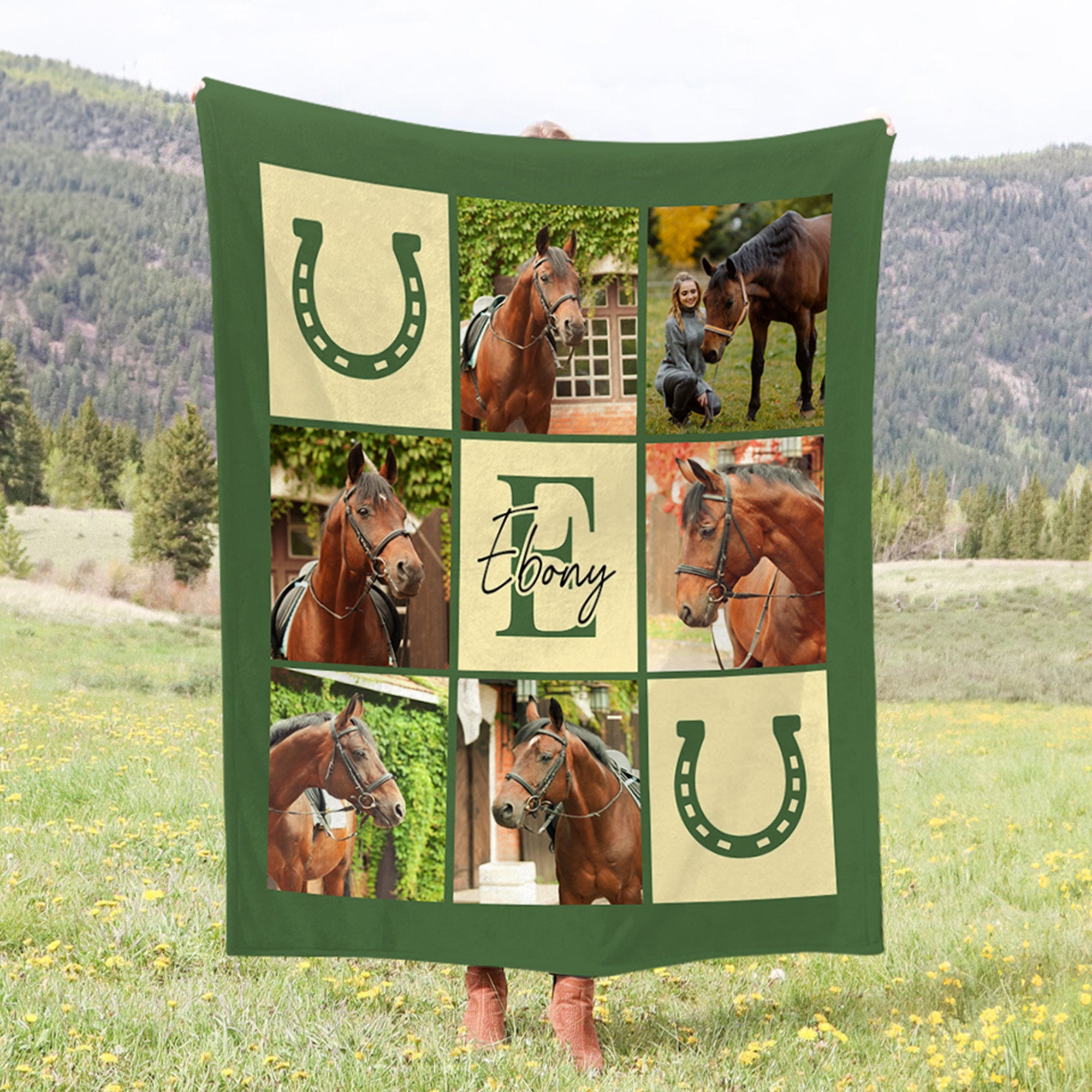 Manta de felpa personalizada con nombre e inicial y foto de herradura de caballo en cuadrícula de nueve cuadrados Decoración para el hogar Regalo ecuestre para el día del juego para los amantes de los