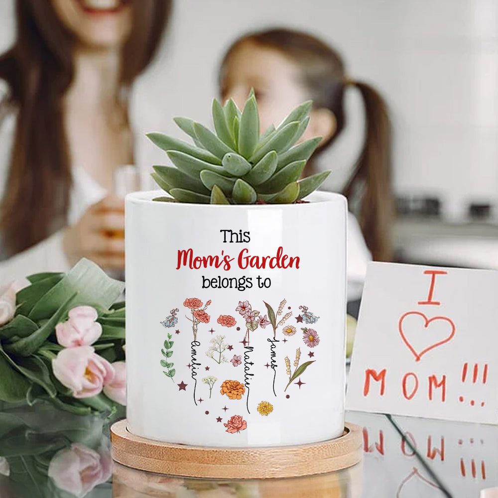 Maceta Personalizada Este Jardín de Mamá Pertenece a 1-12 Flores de Nacimiento con Nombres y Base de Bambú Regalo de Cumpleaños para el Día de la Madre Abuela