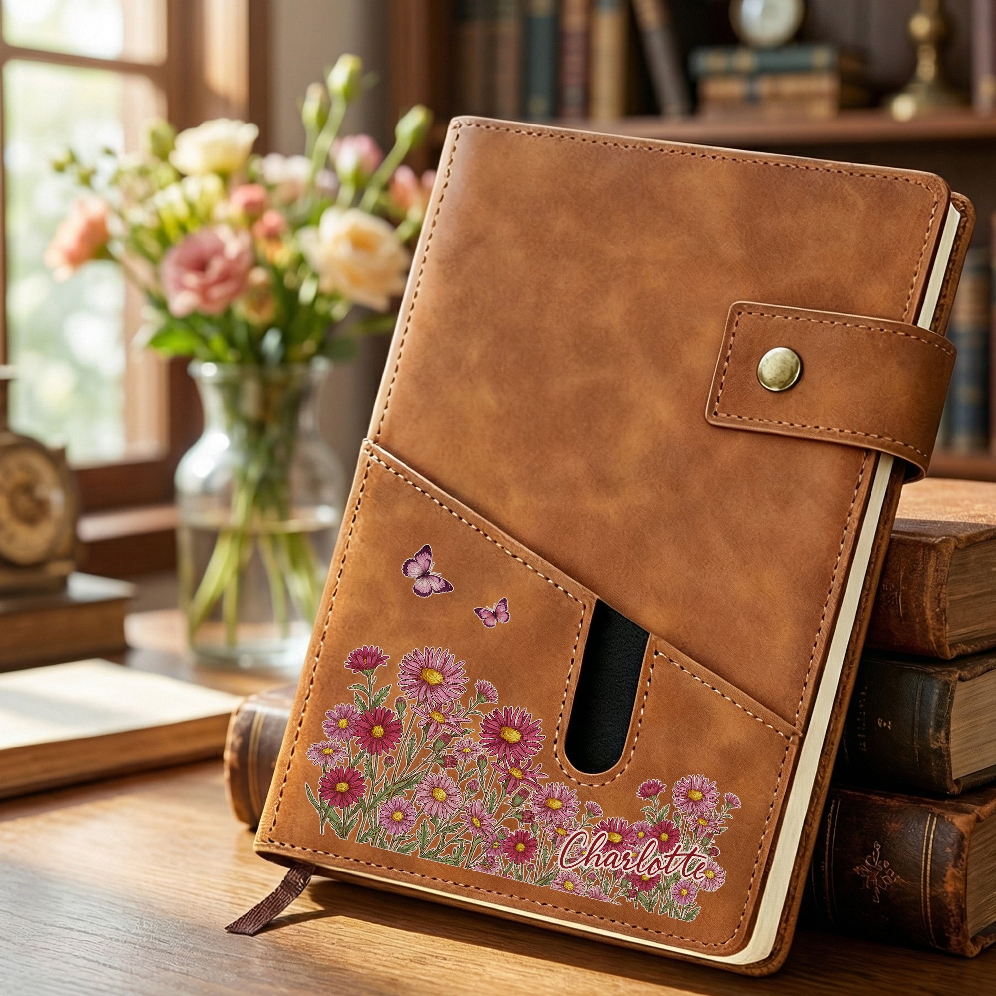 Cuaderno A5 personalizado con el nombre de la flor de nacimiento, bolsillo para guardar y páginas rayadas Esenciales diarios Cumpleaños Día de la Madre Regalo para mamá trabajadora de oficina