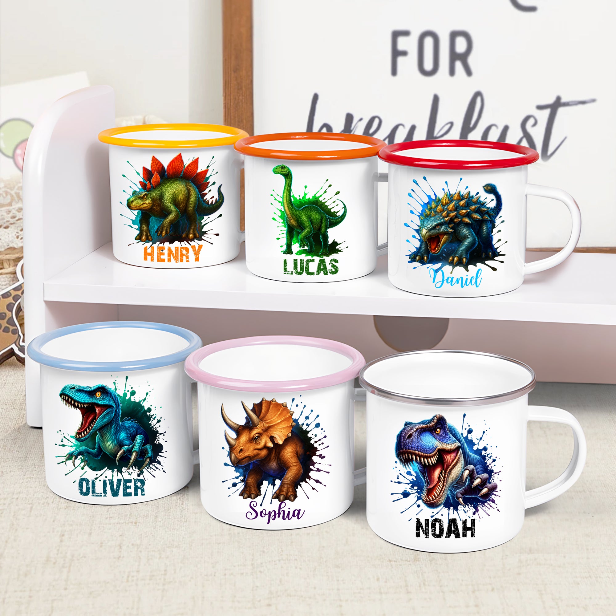 Diseña tu dinosaurio favorito y haz que cada sorbo sea especial - Taza esmaltada personalizada de 12 oz con nombre