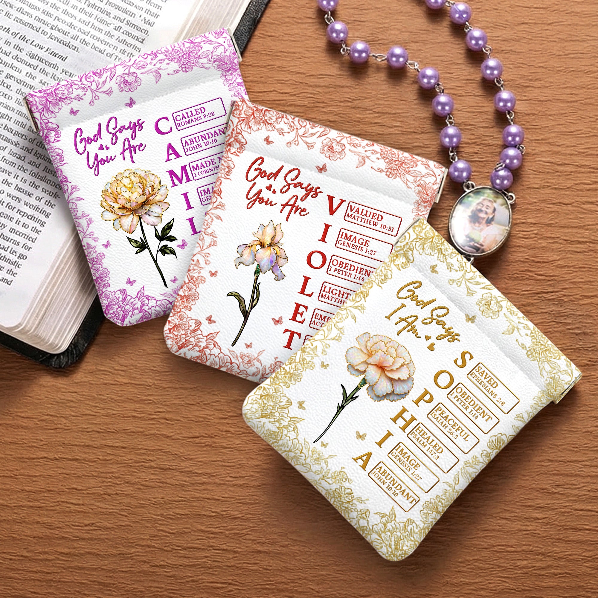 Personalizado Dios Dice Yo Soy Flor de Nacimiento Bolsa de cuero de PU Rosario con nombre Almacenamiento diario Regalo del Día de la Madre para la madre cristiana