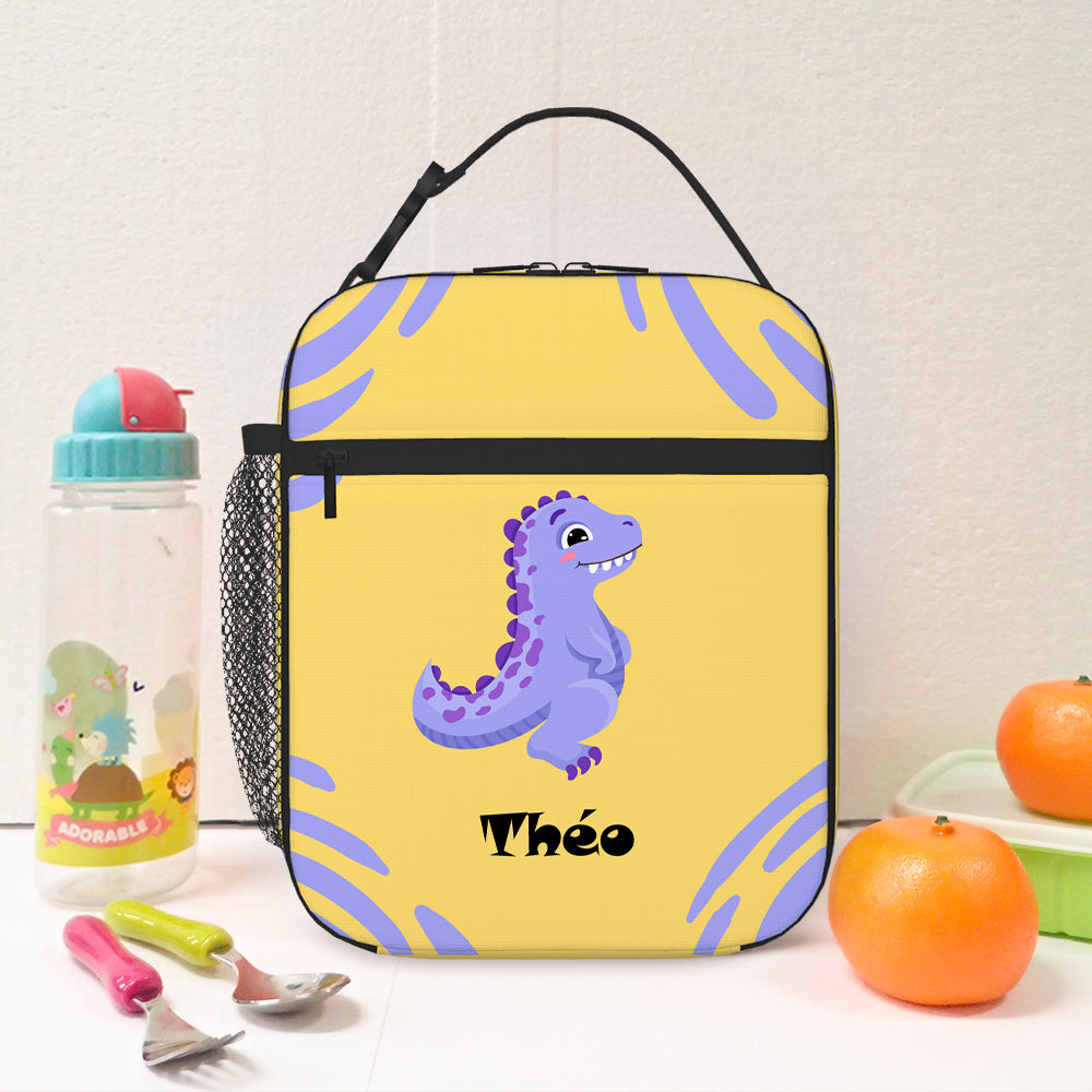 Bolsa de almuerzo personalizada con nombre de dinosaurio y bolsillo de malla Regalo de cumpleaños de vuelta al cole para niños y niñas