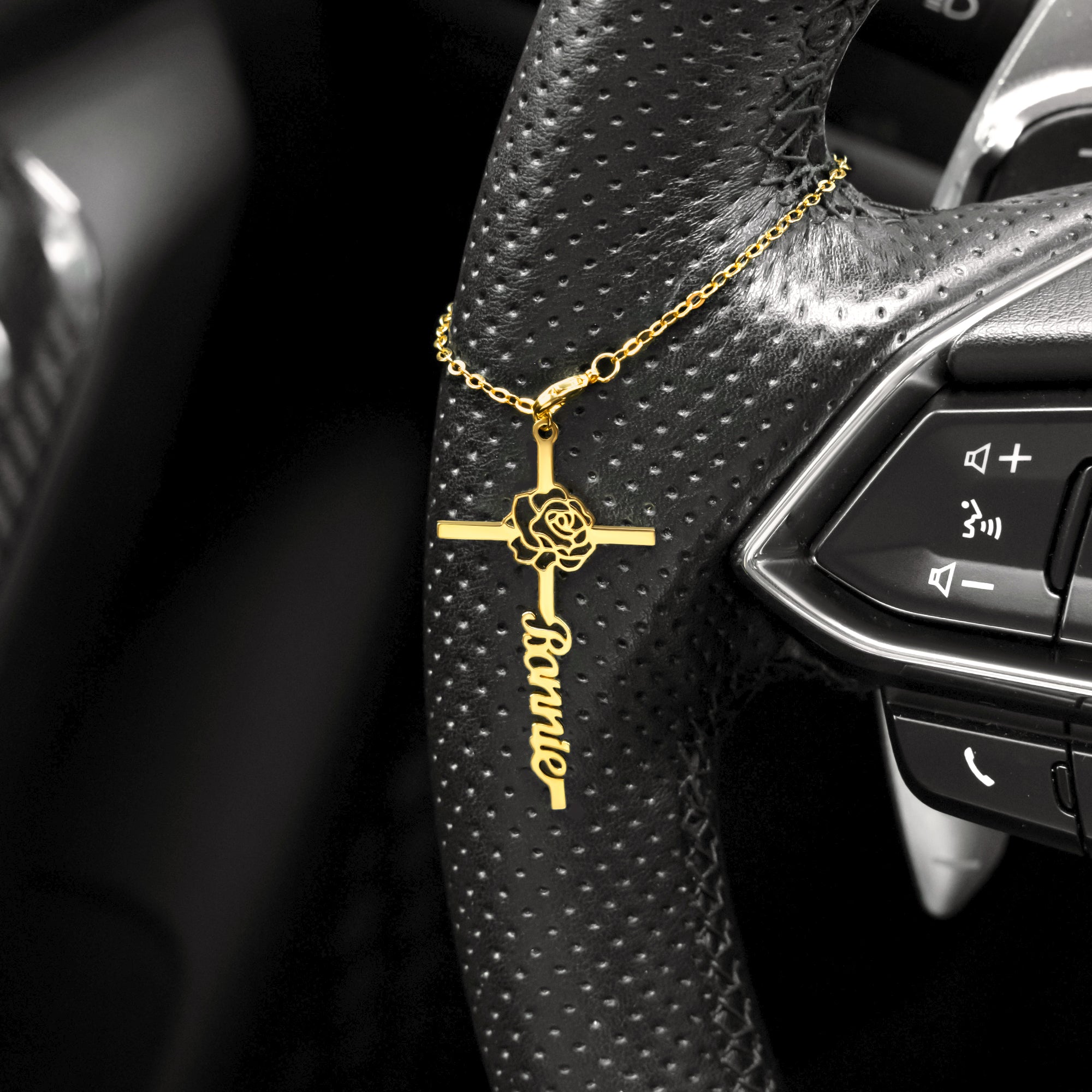 Guided By Faith Adorned With Flower - Personalized Name Cross Steering Wheel Charm Christian Baptism Birthday Gift