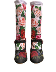 Women's Black Floral Socks Crystal Boots Jersey Shoes