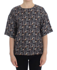 Women's Gray Gold Key Print Silk Blouse T-Shirt