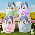 Cesta de Pascua personalizada a rayas con orejas de conejo nombre e inicial regalo para la búsqueda de huevos de Pascua para niños