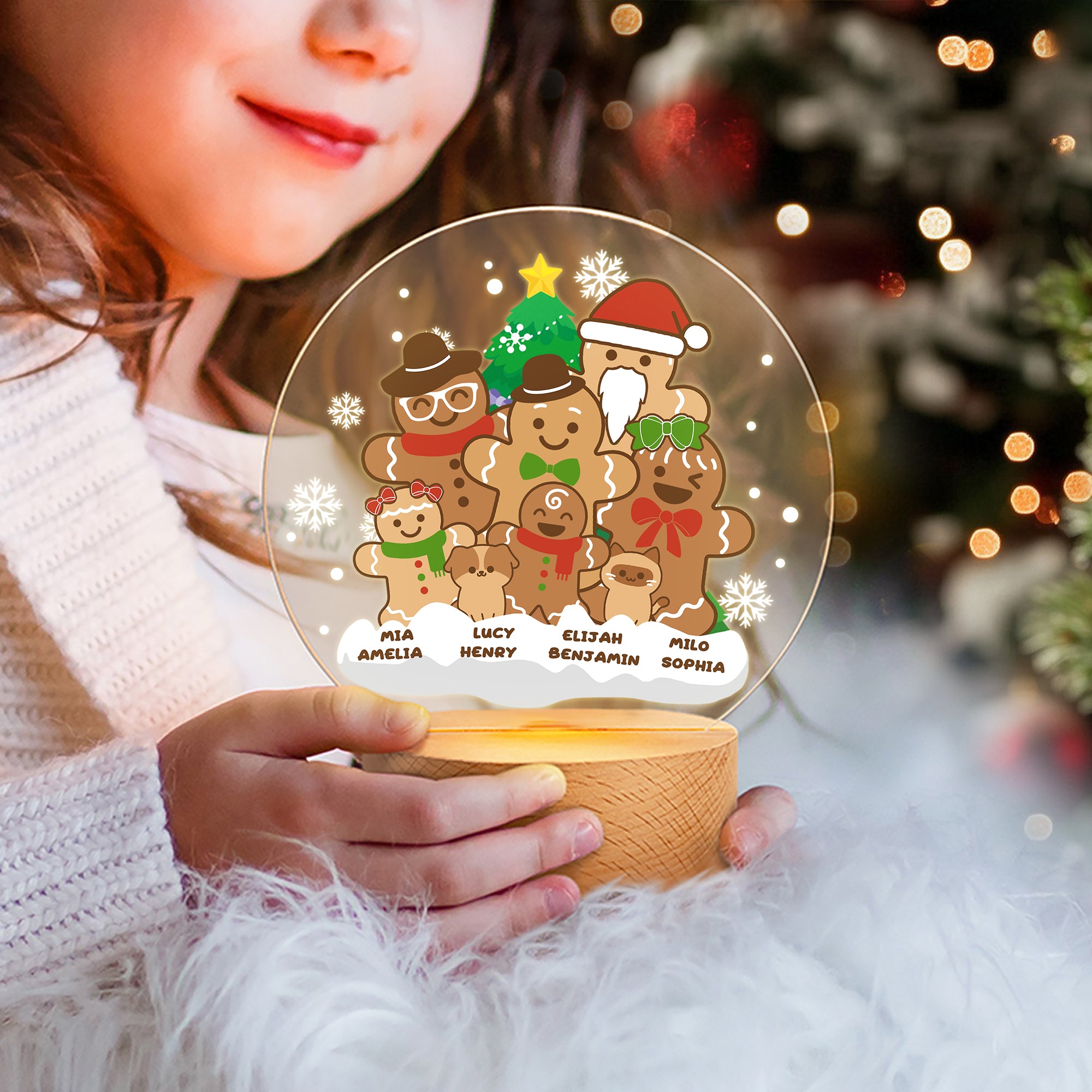 Personalizado 1-8 Gingerbread Men acrílico LED Luz de Noche con Nombre y Base de Madera Decoración de Habitación Regalo de Navidad para Niños