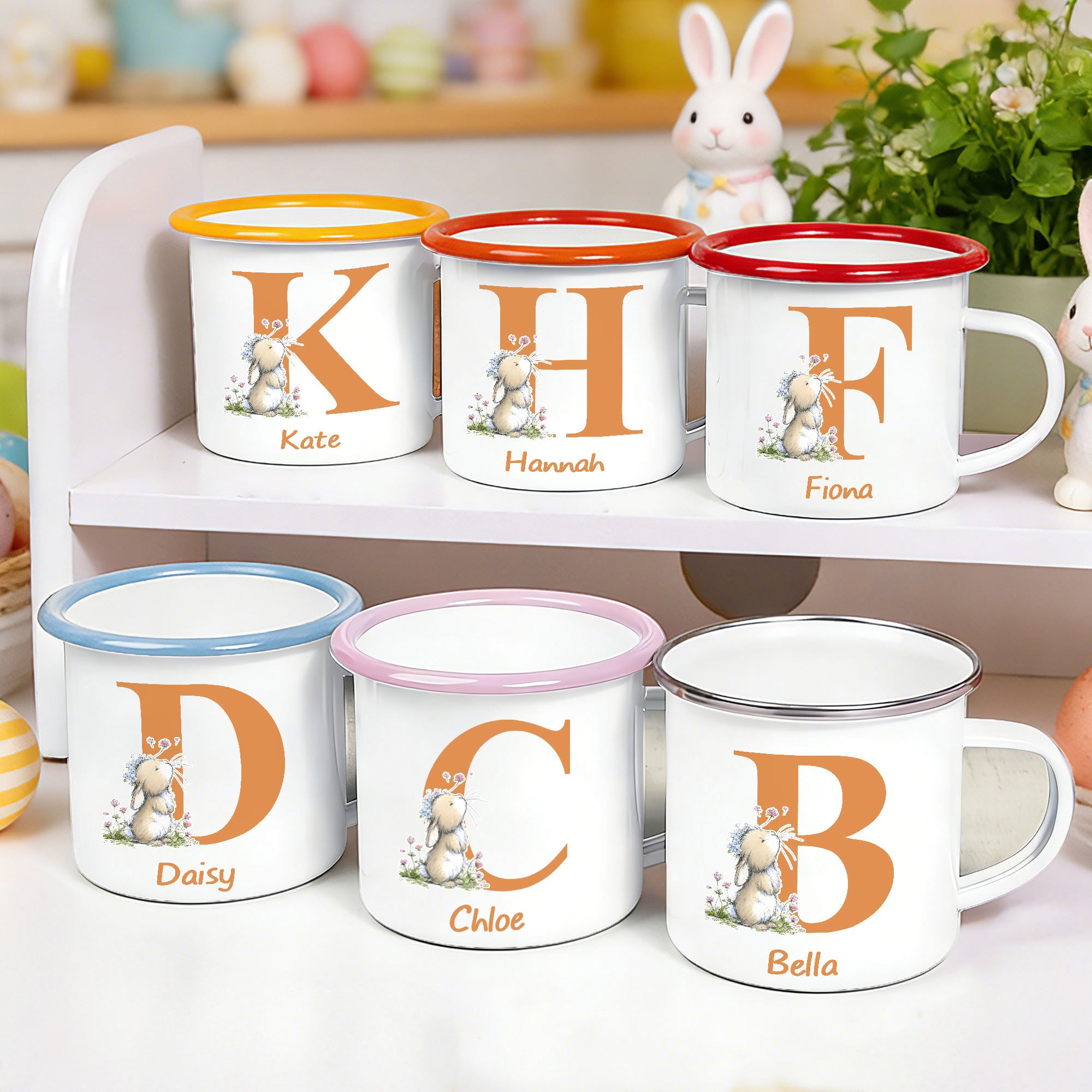 Conejito de Pascua de flores personalizado 12 oz Taza de esmalte con nombre e inicial de Pascua regalo de cumpleaños para niños niñas