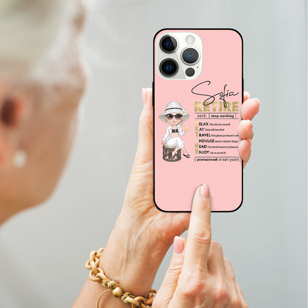 Personalizada de dibujos animados de personajes jubilados Multicolor TPU funda del teléfono para el iPhone con el nombre de cumpleaños de jubilación de regalo para las mujeres