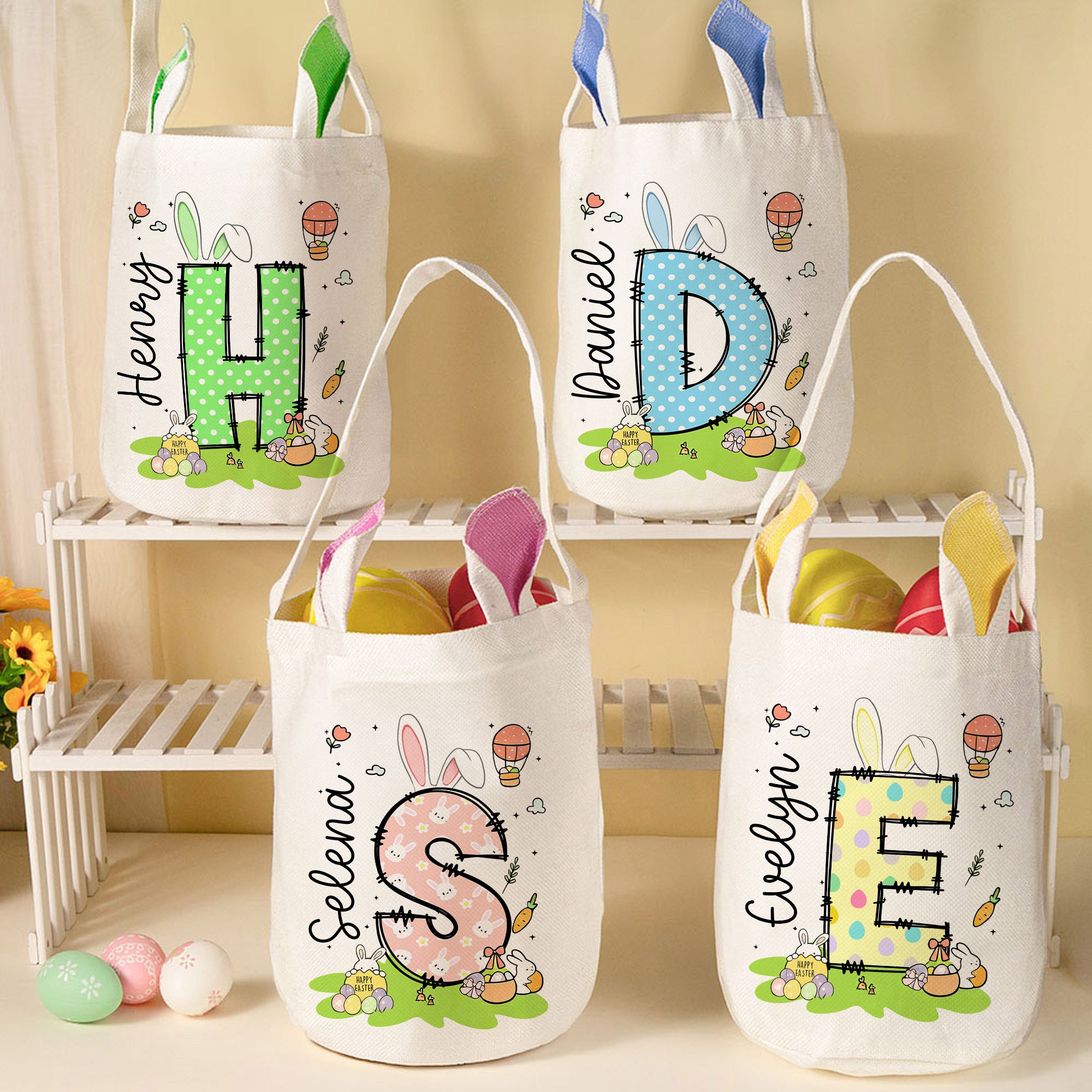 Conejito de Pascua personalizado Huevos de zanahoria Cesta de gran capacidad con nombre e inicial Huevos de Pascua de caza Fiesta de Regalos para Niños Niñas