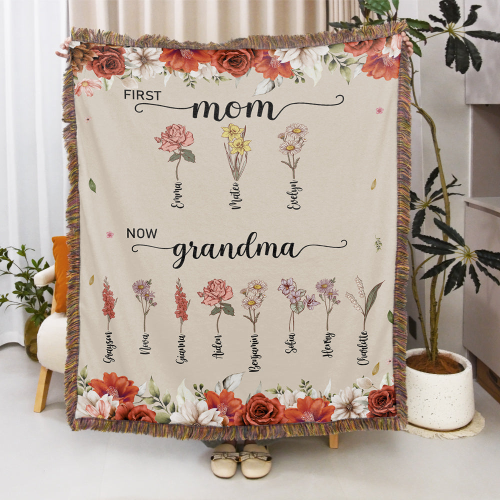 Personalizada Primera Mamá Ahora Abuela Nacimiento Flor Borla Suave Manta con Nombres y Título Día de la Madre Cumpleaños Regalo para Mamá Abuela Familia