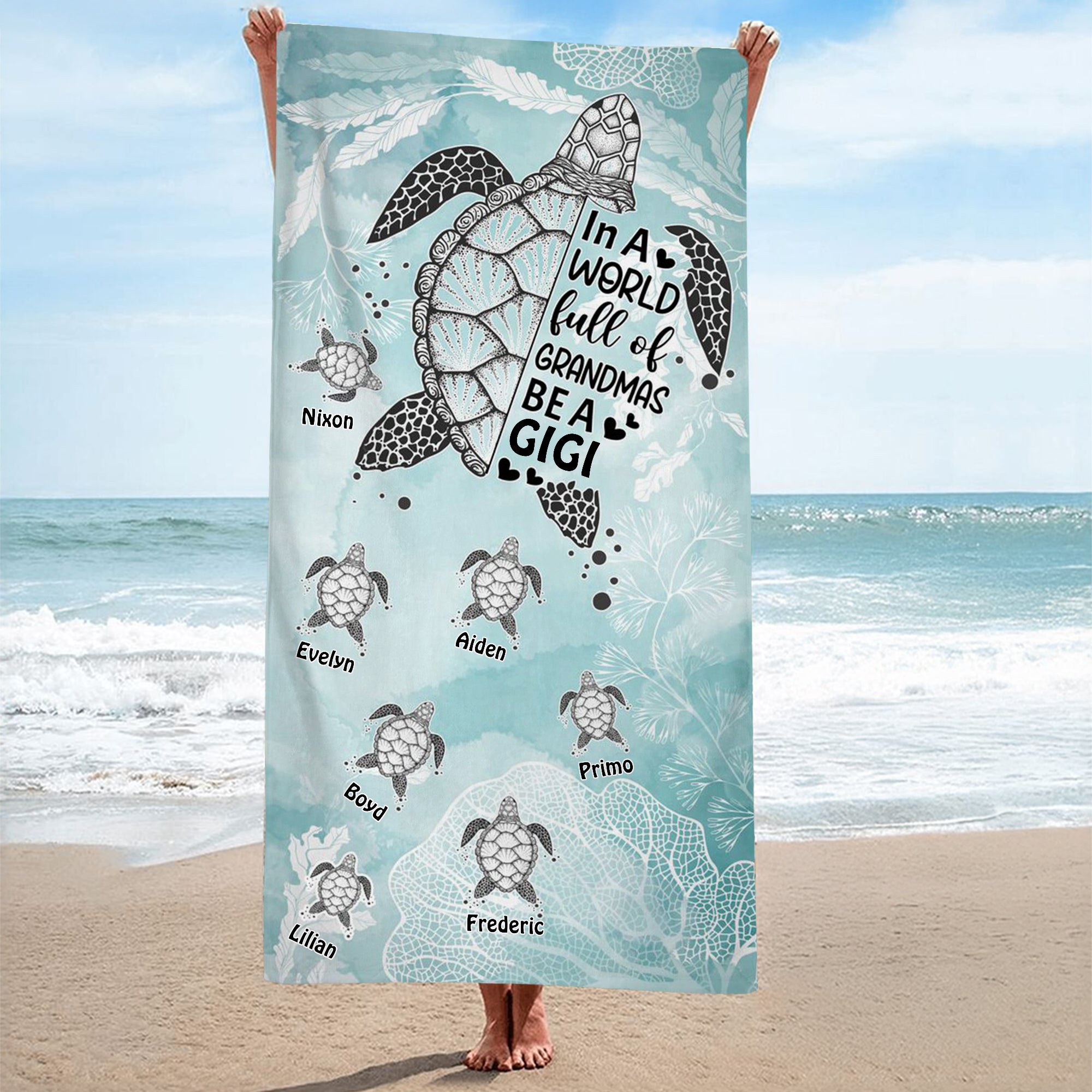 Toalla de playa personalizada Tortuga marina en un mundo lleno de abuelas Secado rápido Toalla de playa de gran tamaño con 1-12 nombres Vacaciones de verano Fiesta en la playa Regalo para la abuela