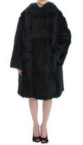 Women's Black Goat Fur Shearling Long Jacket Coat Goatskin Clothing