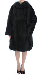 Women's Black Goat Fur Shearling Long Jacket Coat Goatskin Clothing
