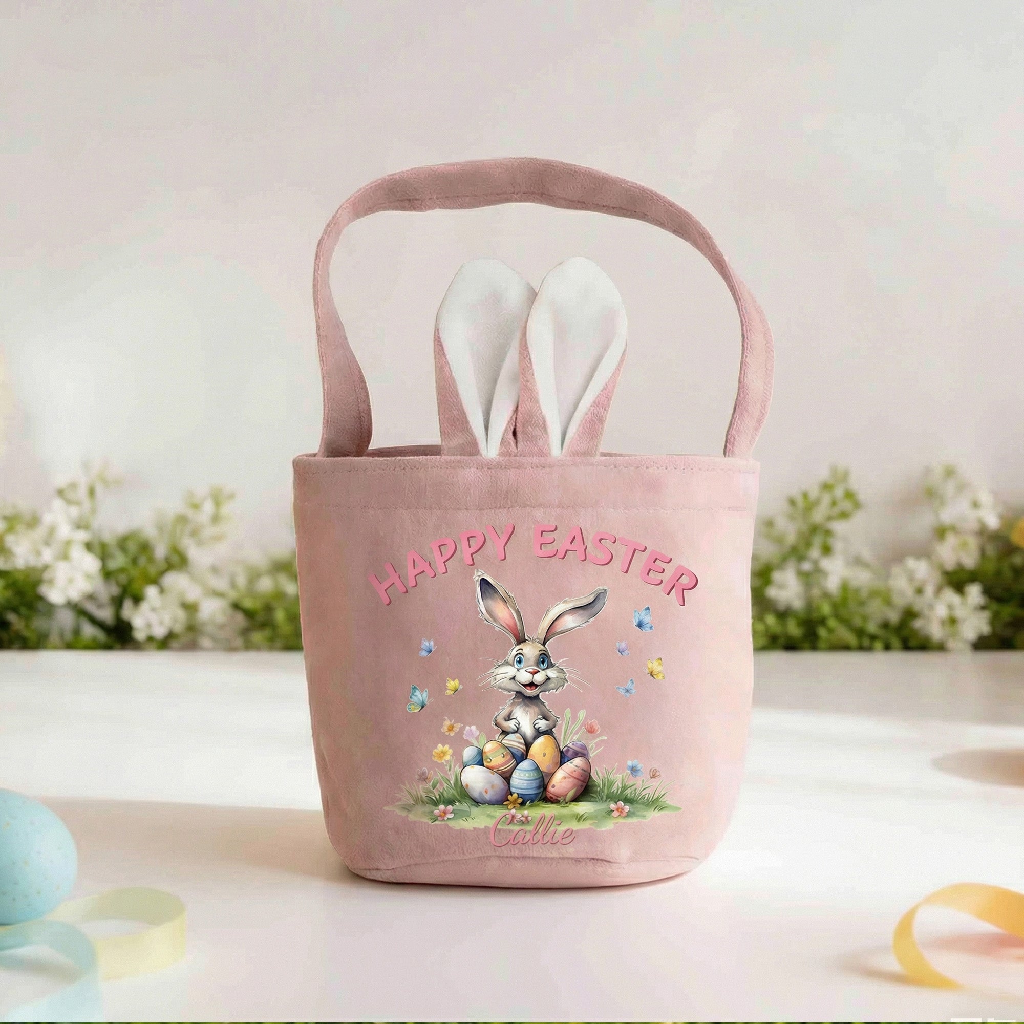 Personalizado Feliz Pascua Conejito Orejas Nombre Pascua Cesta con con Texto y Cola Pascua Fiesta Regalo para Niños Niñas