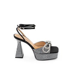 Women's Crystal-Embellished Platform Heel Black Leather