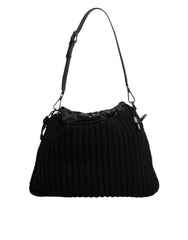 Women's Black Cashmere Knitted Leather Shoulder Bag Lamb Calf