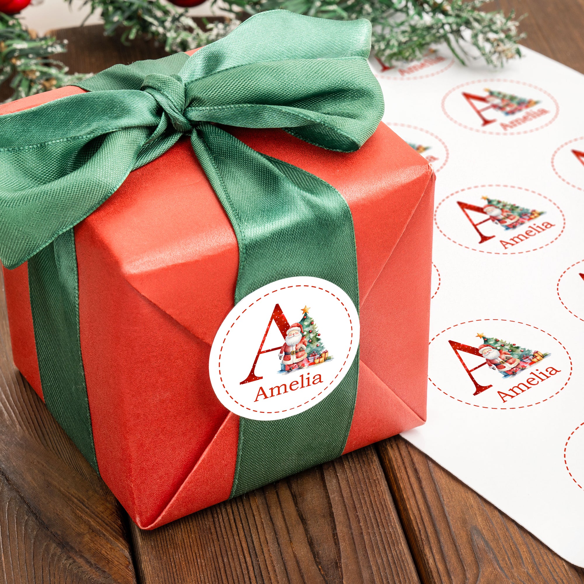 Etiquetas adhesivas personalizadas de Papá Noel para el árbol de Navidad con nombre e inicial Decoración de regalo DIY Fiesta de Navidad para la familia Niños Amigos
