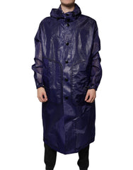Dark Blue Cotton Hooded Men Raincoat Jacket Elastane Clothing