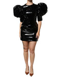 Women's Black Patent Leather Puff Sleeves Mini Dress Polyurethane Polyester