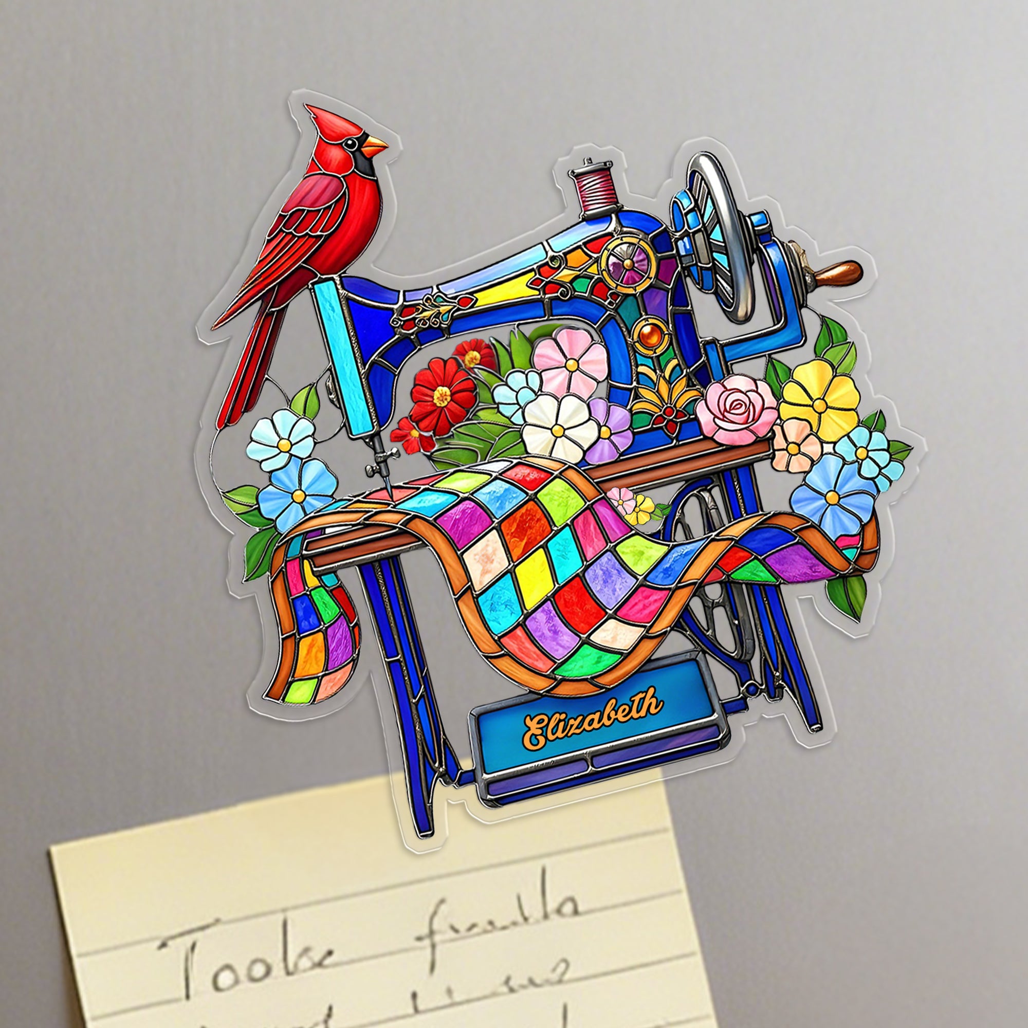 Personalizada Vidriera Estilo Arte Cardenal Máquina de Coser Acrílico Nevera Imán con Nombre Decoración para el Hogar Regalo conmemorativo para las mujeres