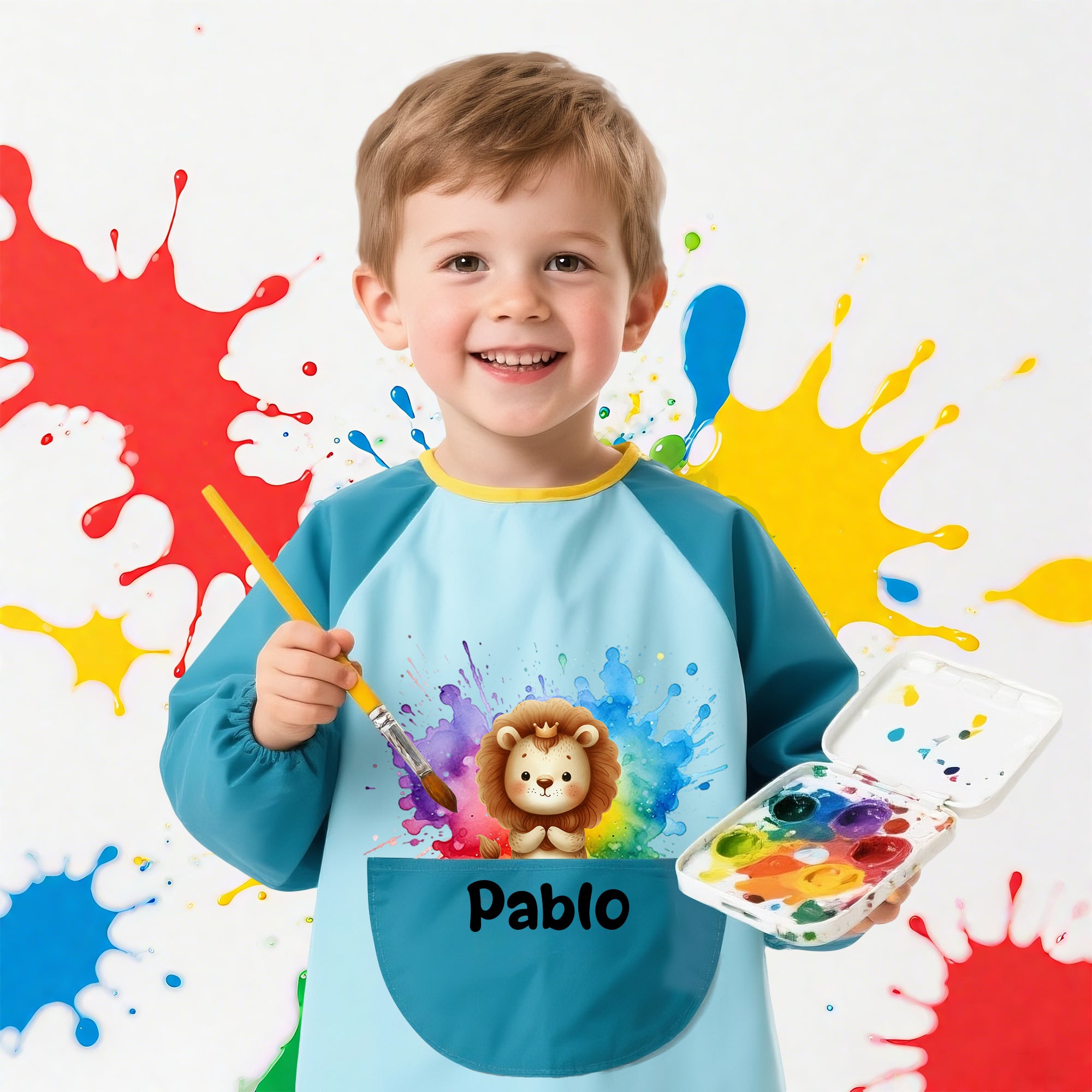 Delantal personalizado de manga larga con nombre impermeable para cocina y pintura regalo de cumpleaños para niños