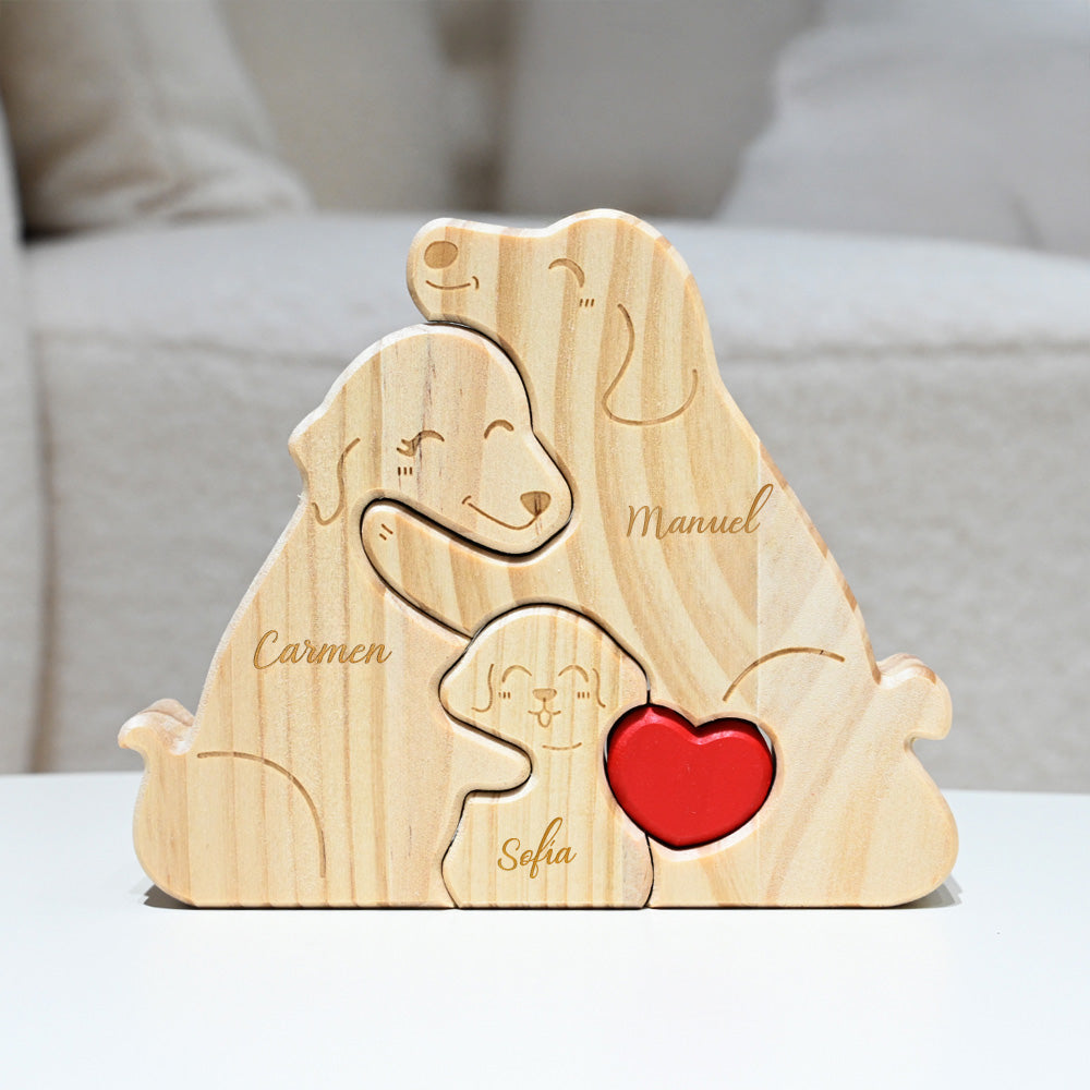 Rompecabezas de madera personalizado con familia de perros abrazando un corazón con nombres decoración de escritorio regalo de cumpleaños para familia