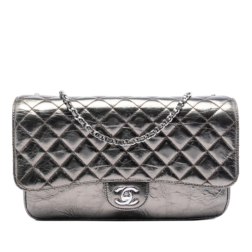 Medium Metallic Crackled Calfskin Clams Pocket Flap