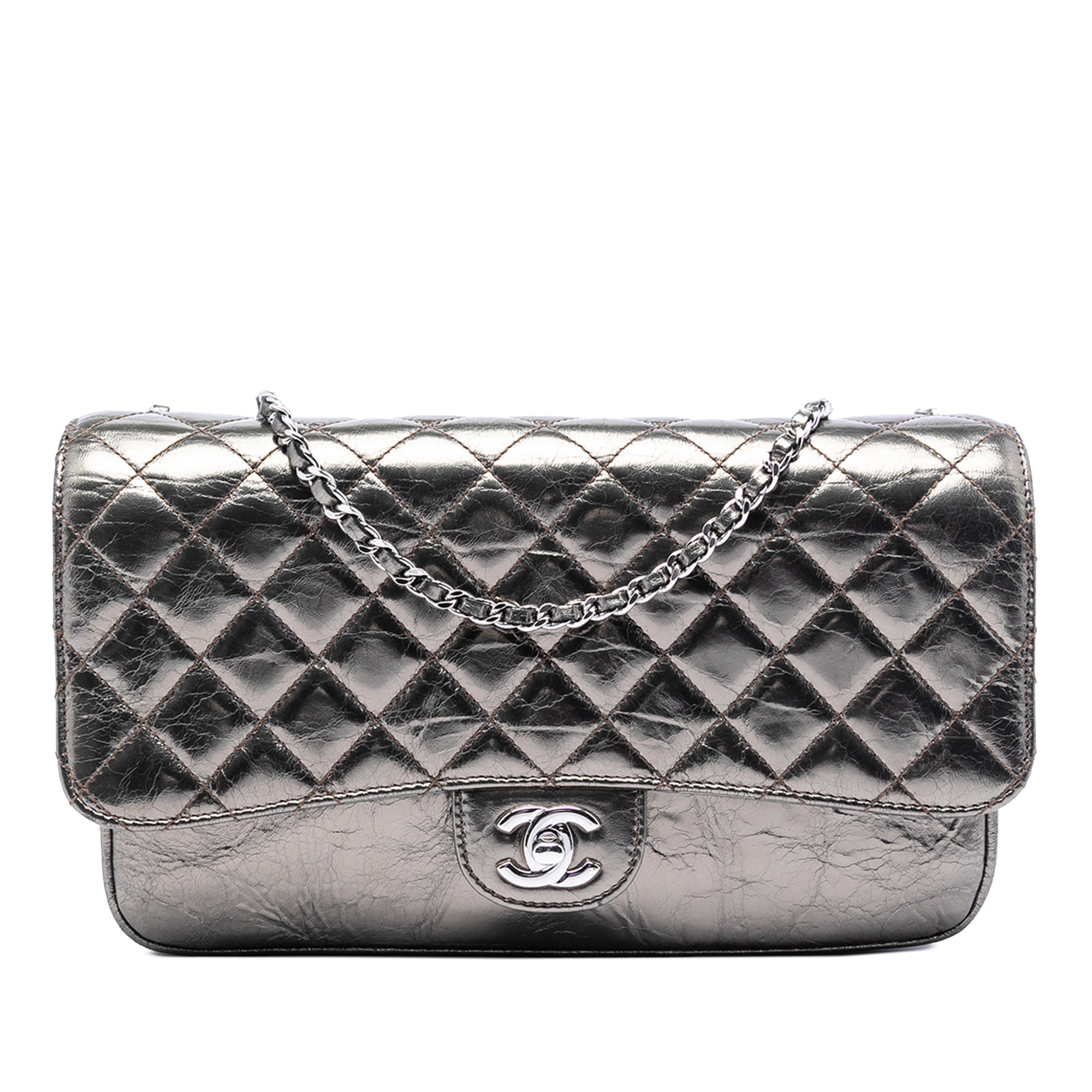 Medium Metallic Crackled Calfskin Clams Pocket Flap