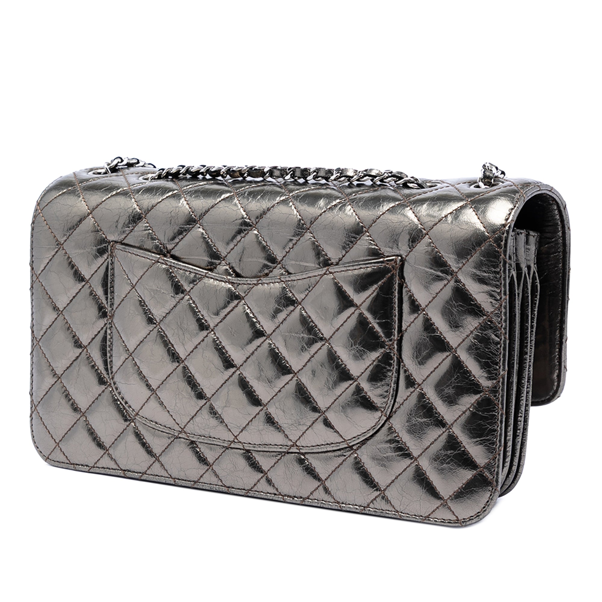 Medium Metallic Crackled Calfskin Clams Pocket Flap