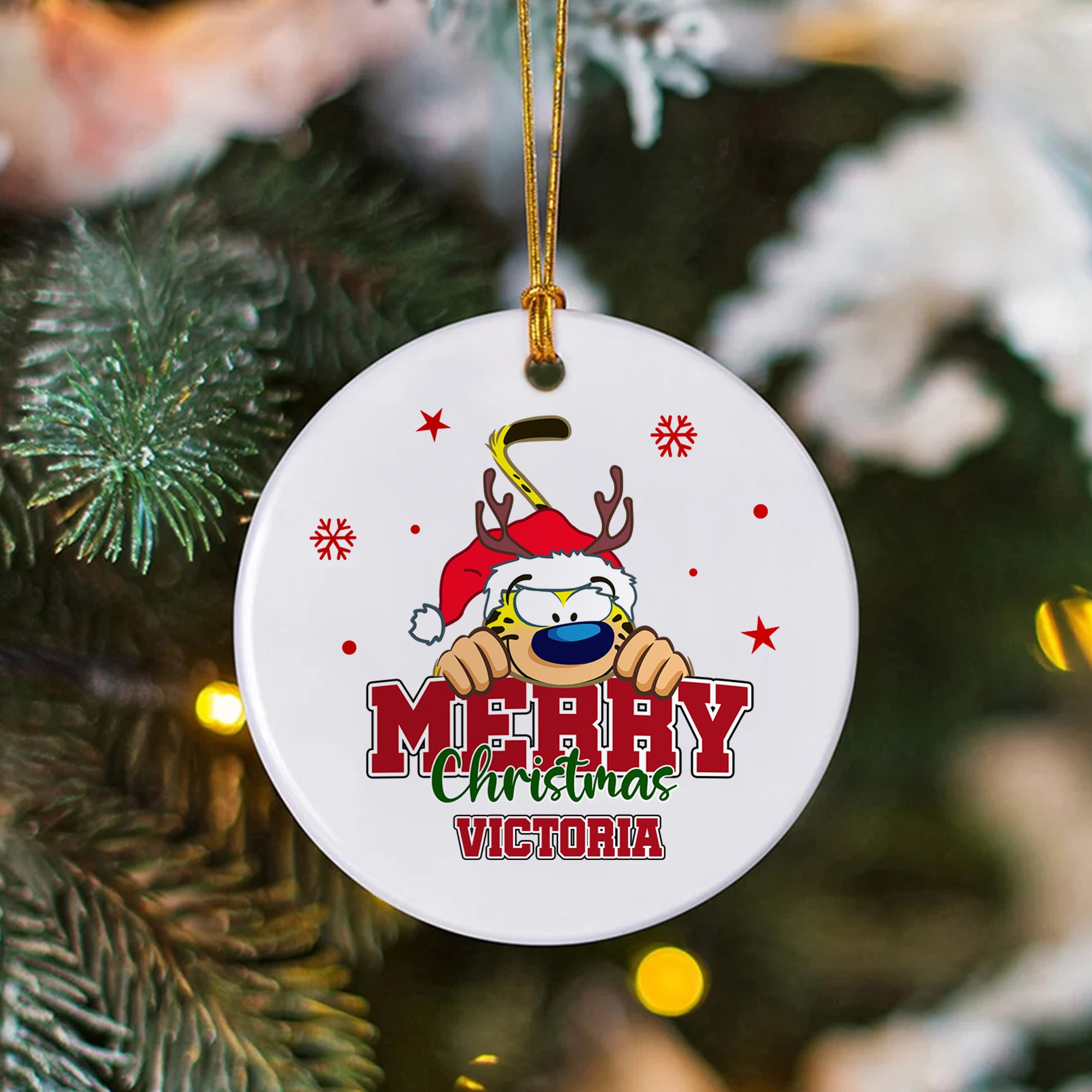 Marsupilami de Cola Larga Personalizado Feliz Navidad Adorno de Cerámica con Nombre Regalo de Navidad para un amigo | Callie × Marsupilami®.