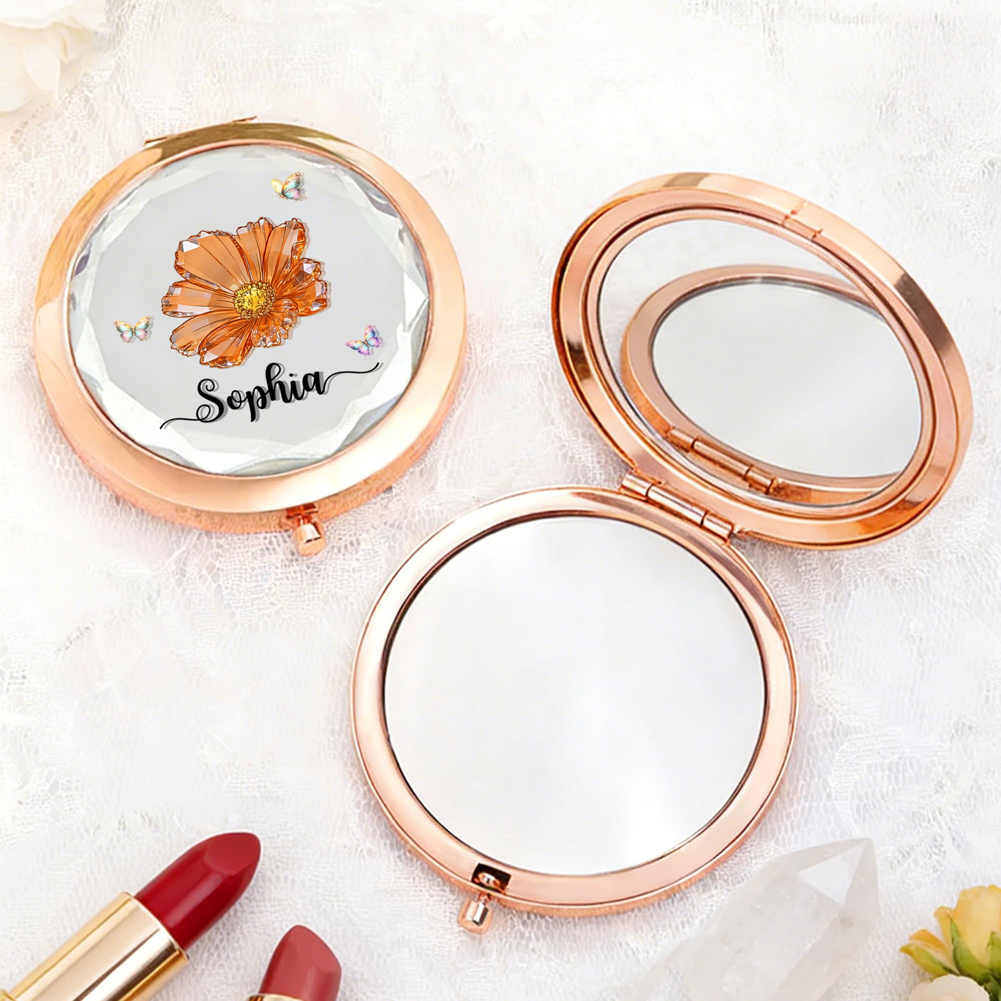 Espejo de maquillaje de bolsillo personalizado con flor de cristal de nacimiento y nombre Regalo de cumpleaños para mujeres Niñas