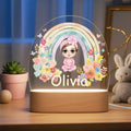 Luz de noche de acrílico con nombre y base de madera, personalizada, con personajes de dibujos animados y flores de arco iris, regalo de cumpleaños de Navidad para niñas y niños