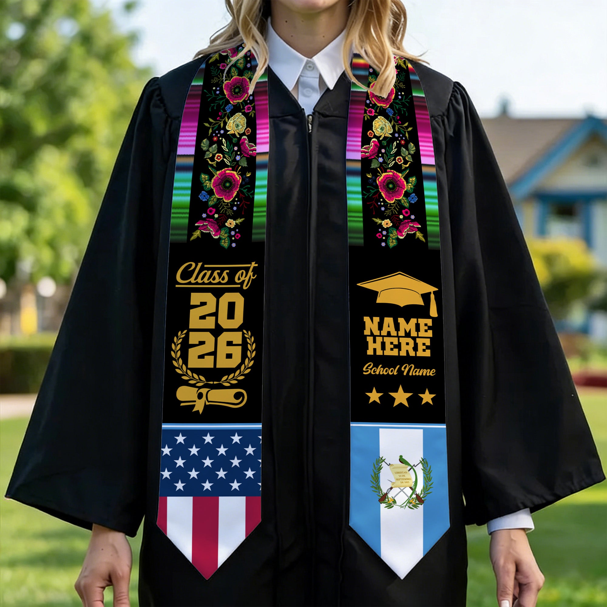 Estola de Graduación Personalizada Guatemala USA Doble Bandera con Nombre Nombre de la Escuela y Año Regalo de Graduación para Graduados Clase 2026