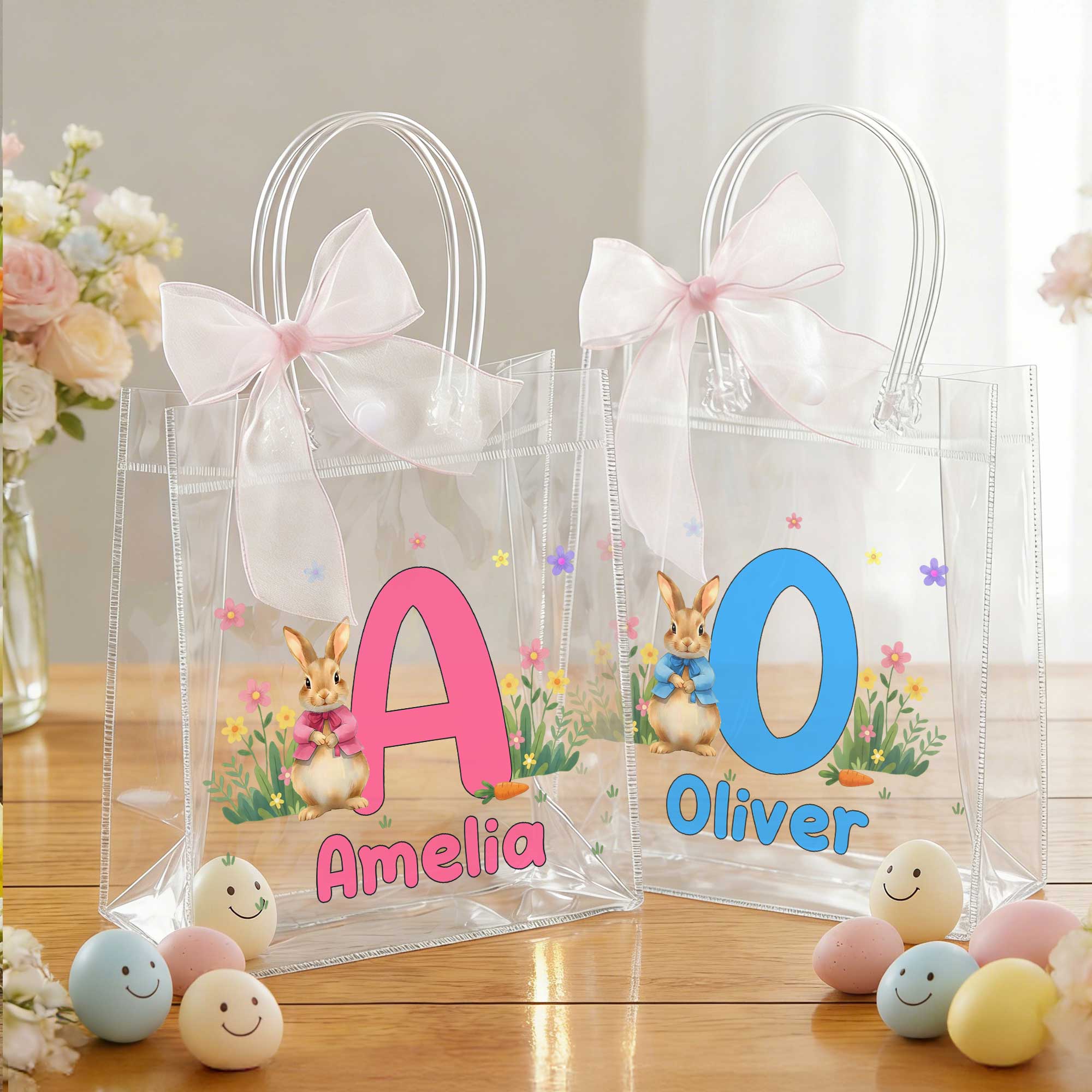Conejito Personalizado Bolsa de Regalo de Pascua con Nombre y Lazo Regalo de Pascua para Niños Niñas