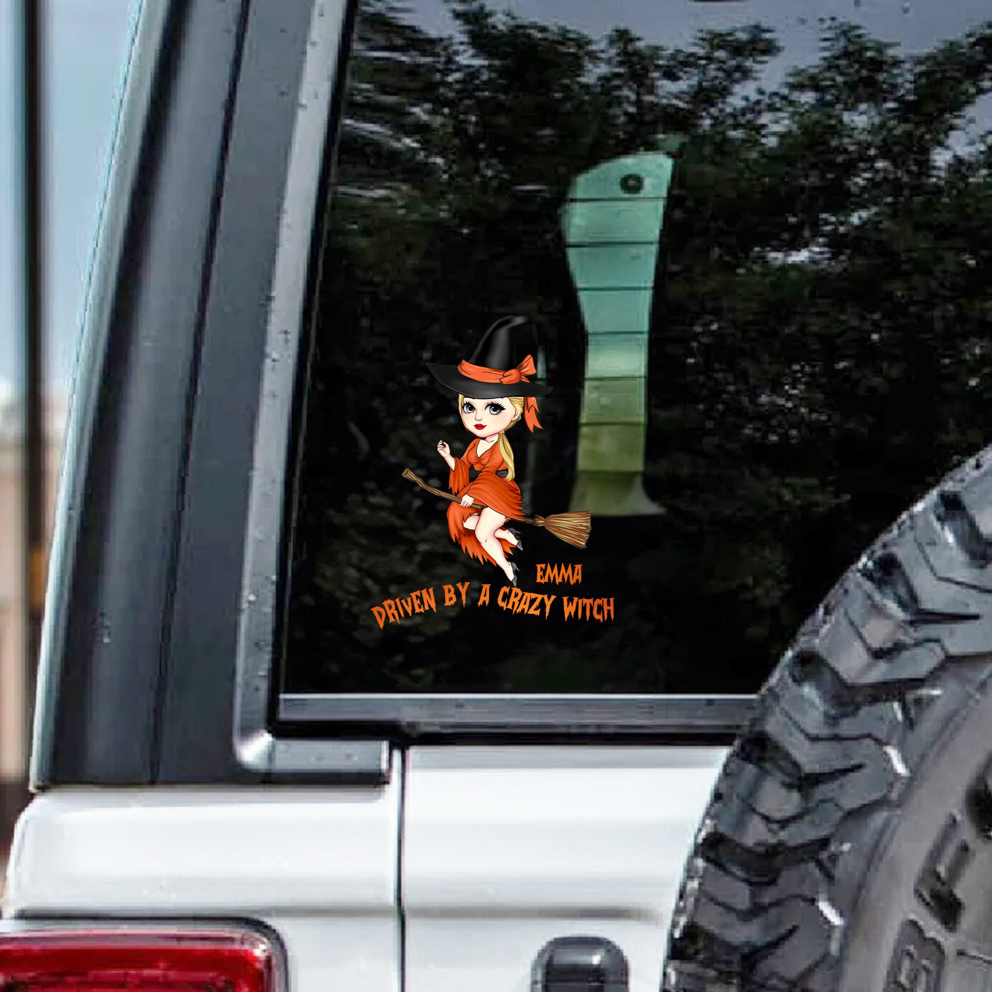 Sombrero de bruja personalizado Cartoon Character Weatherproof Pegatina para coche con nombre y texto Halloween Birthday Gift for Women