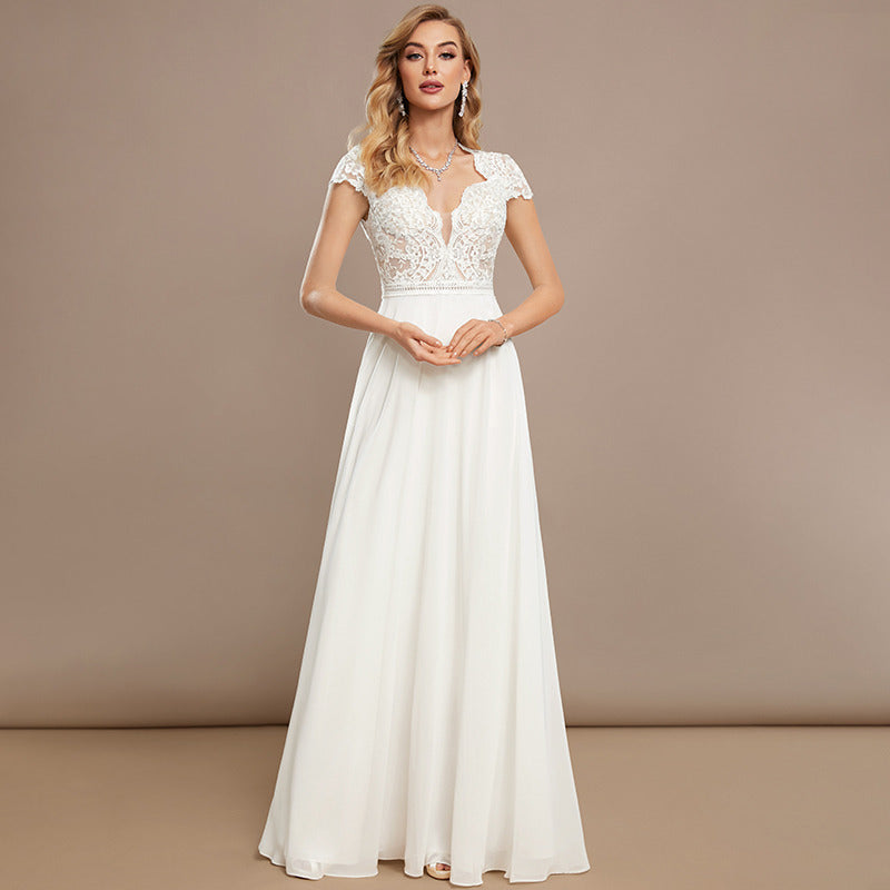 Bridal Wedding Dress Ivory Cap Sleeve Long V-Neck A-line