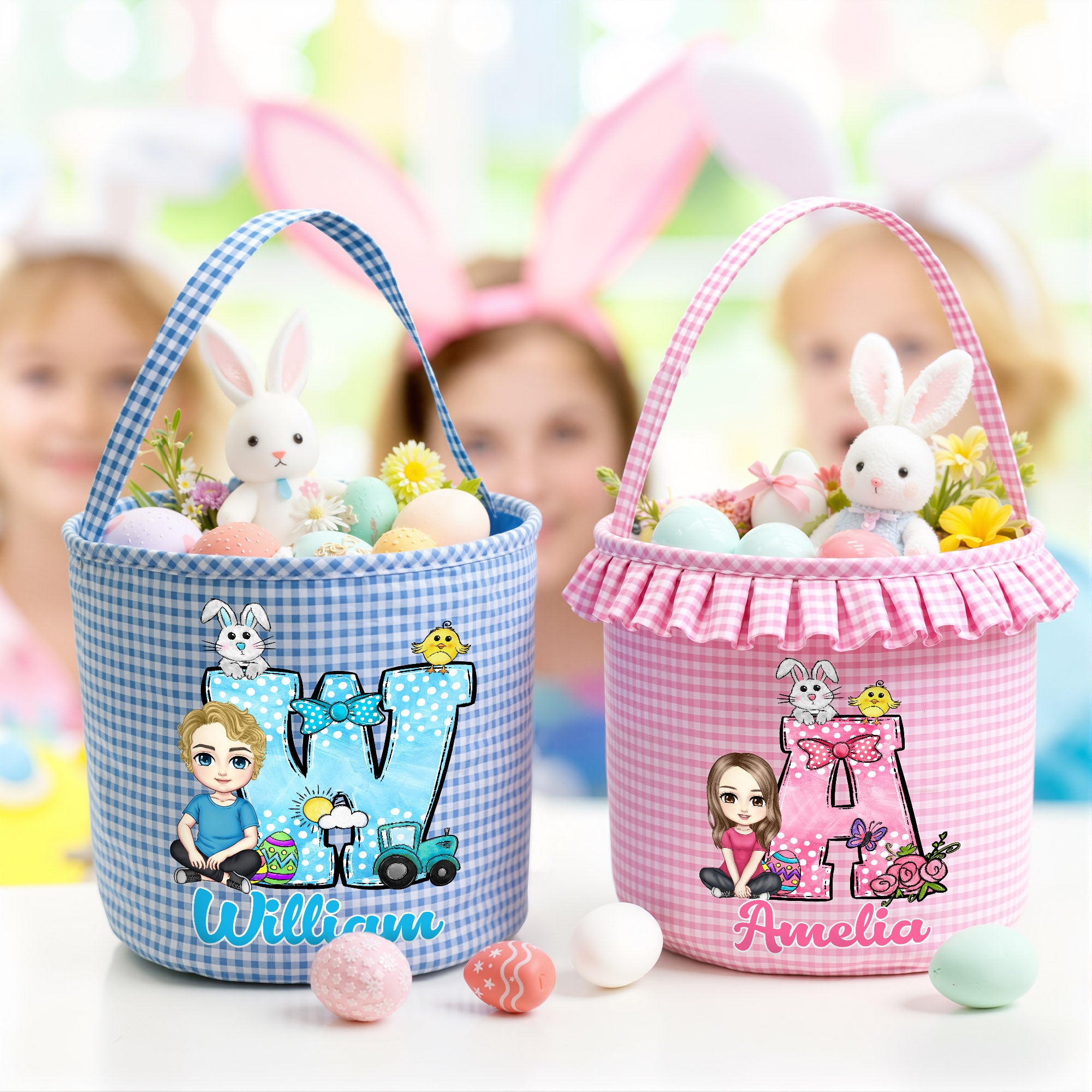 Personalizado lindo personaje de dibujos animados Peter Rabbit Inicial Plaid Cesta de Pascua con el nombre de Pascua Egg Hunt Pascua Día de Regalo para Niños Niñas