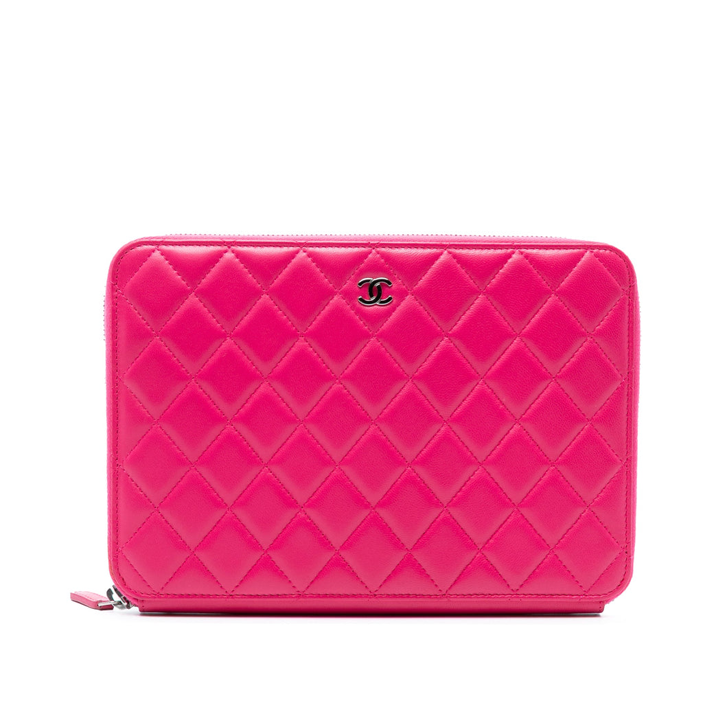 Large Quilted Lambskin Zip Around Organizer Clutch