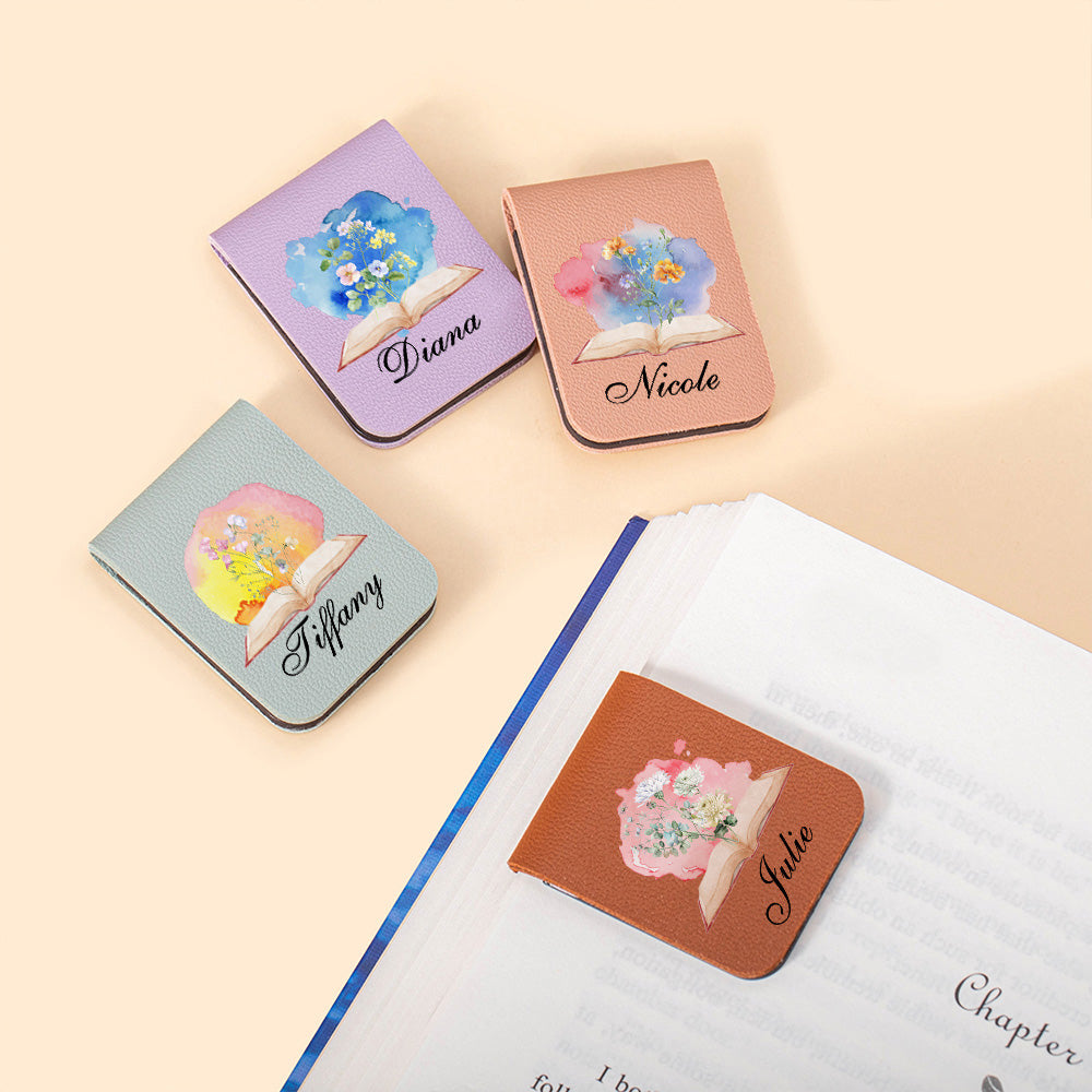 Acuarela Personalizada Nacimiento Flor Magnético PU Cuero Marcapáginas Clip con Nombre Lectura Papelería Suministros Regalo de cumpleaños para Bookworm amante de los libros