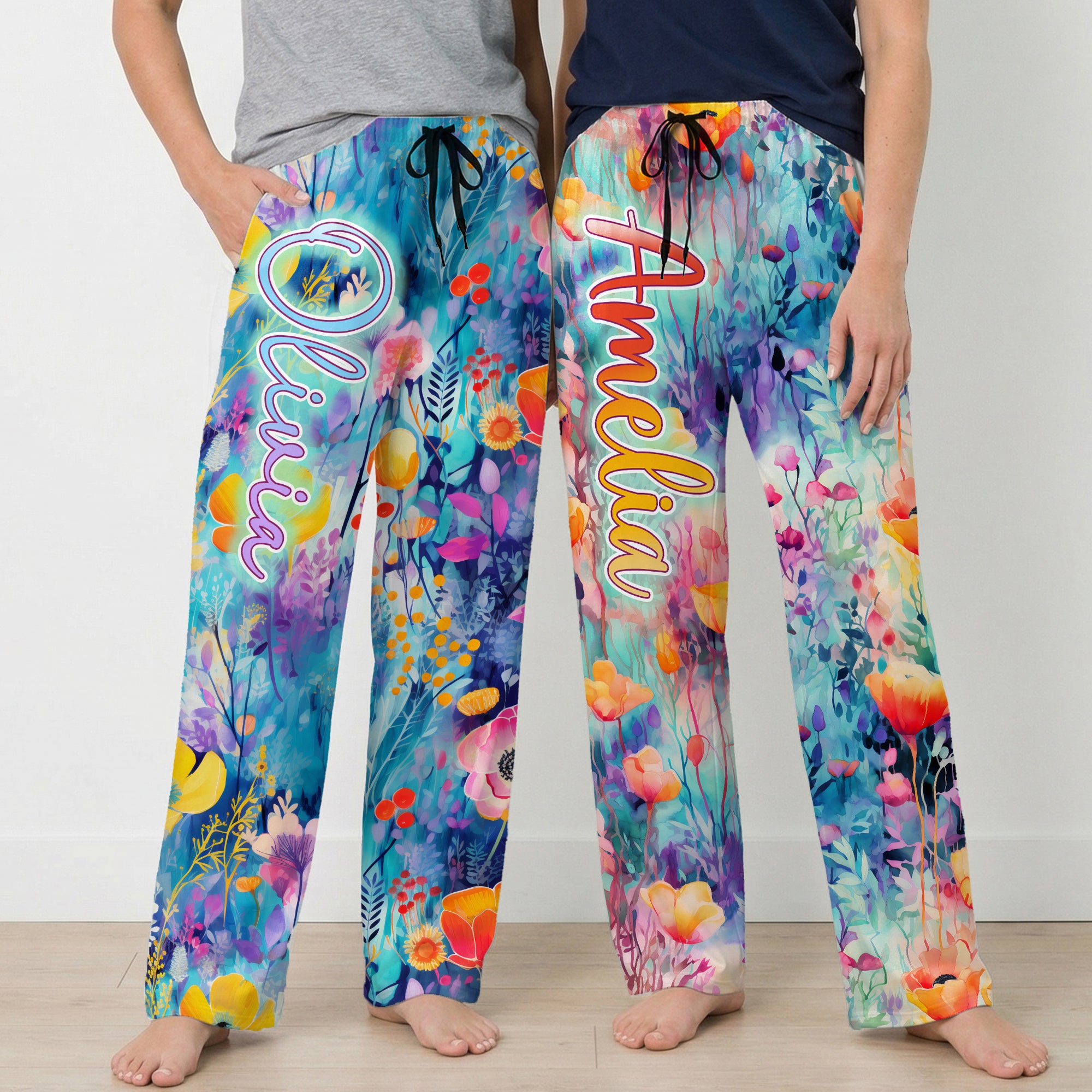 Personalizada Acuarela Estilo Floral Mujer Cordón Pijama Pantalones con Nombre Colorido Daily Wear Cumpleaños Regalo para Mujeres Amigos