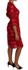 Women's Floral Crochet Lace Red Pink Sheath Dress Cotton