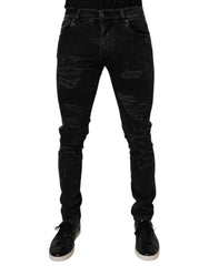 Black Tattered Cotton Skinny Men Denim Jeans Elastane Clothing