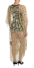 Women's Gold Floral Lace Crystal Gown Cape Dress