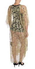 Women's Gold Floral Lace Crystal Gown Cape Dress
