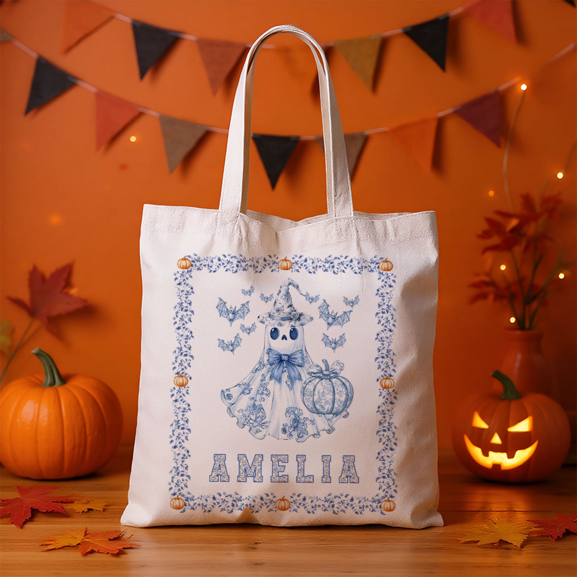 Personalizada Espeluznante Fantasma Calabaza Murciélago Toile De Jouy Lienzo Halloween Bolsa Tote con Nombre Regalo de Halloween para Mujeres Niños