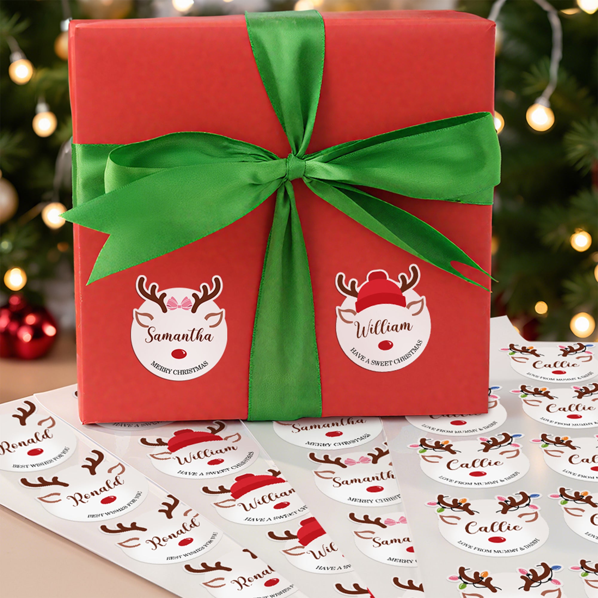 Lindo Reno de Navidad Personalizado Etiquetas Adhesivas Impermeables con Nombre y Texto Decoración de Regalo Fiesta Navideña Favores para Amigos de la Familia