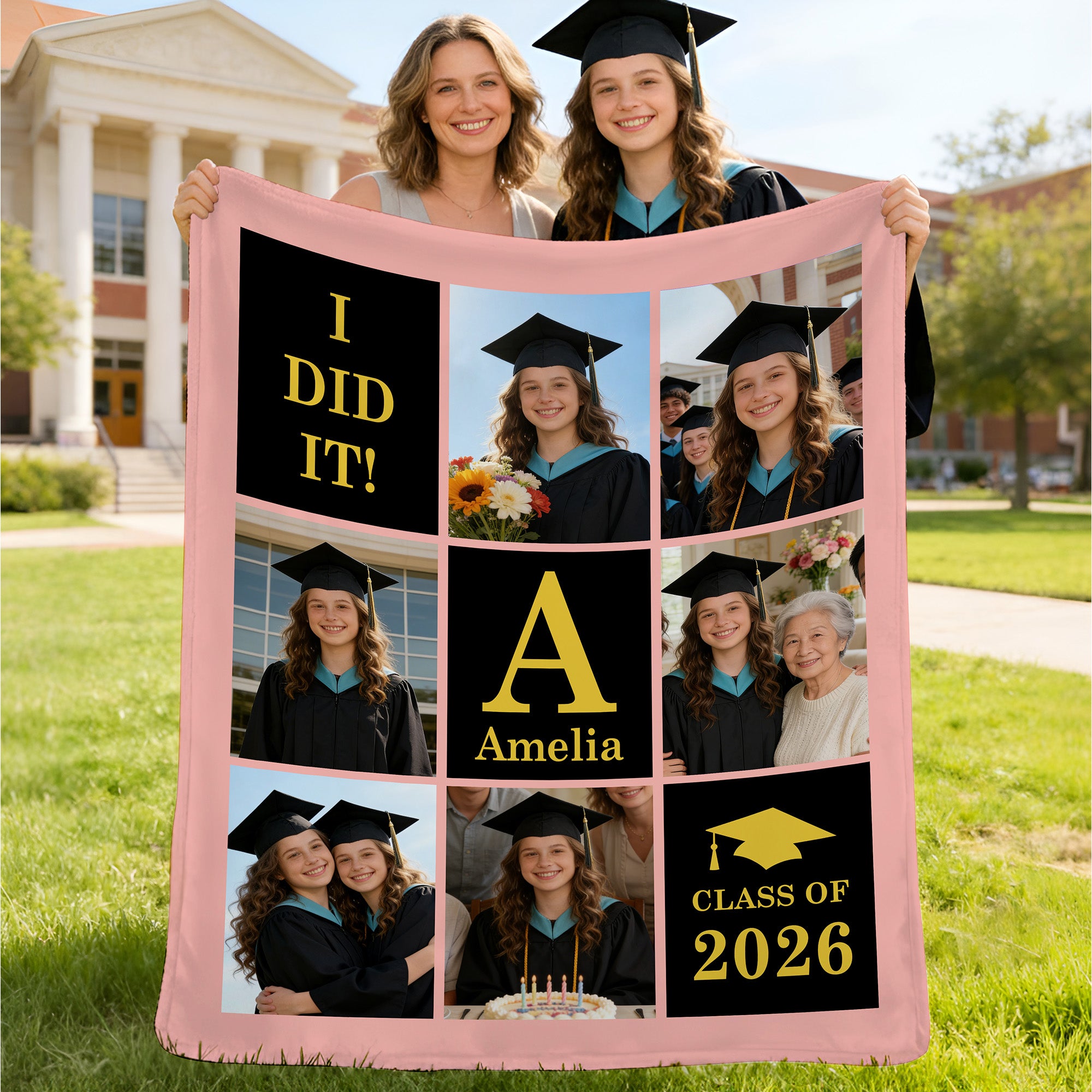 Manta de Graduación Personalizada de Nueve Rejillas con 6 Fotos con Nombre y Texto Decoración del Hogar Fiesta de Graduación Regalo para Graduados