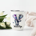 Elefante de acuarela personalizado Vaso de vino isotérmico de 12 oz con nombre y tapa antiderrame Regalo de viaje de cumpleaños para familiares y amigos