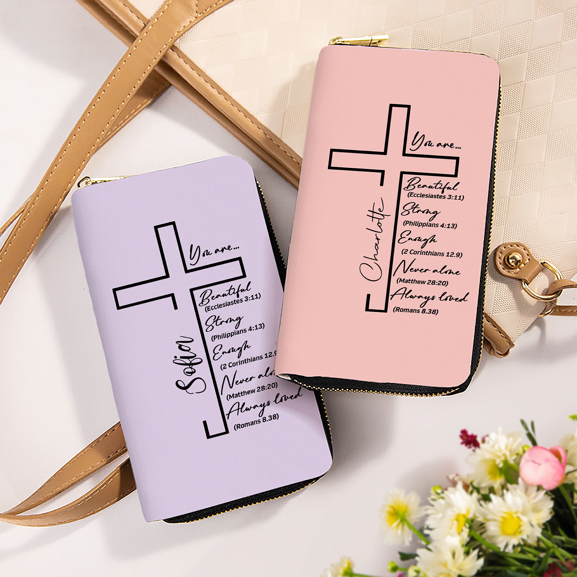 Personalizada Biblia Cruz portátil de cuero de la PU Billetera con nombre Cumpleaños Aniversario Bautizo Navidad Regalo para las mujeres cristianas